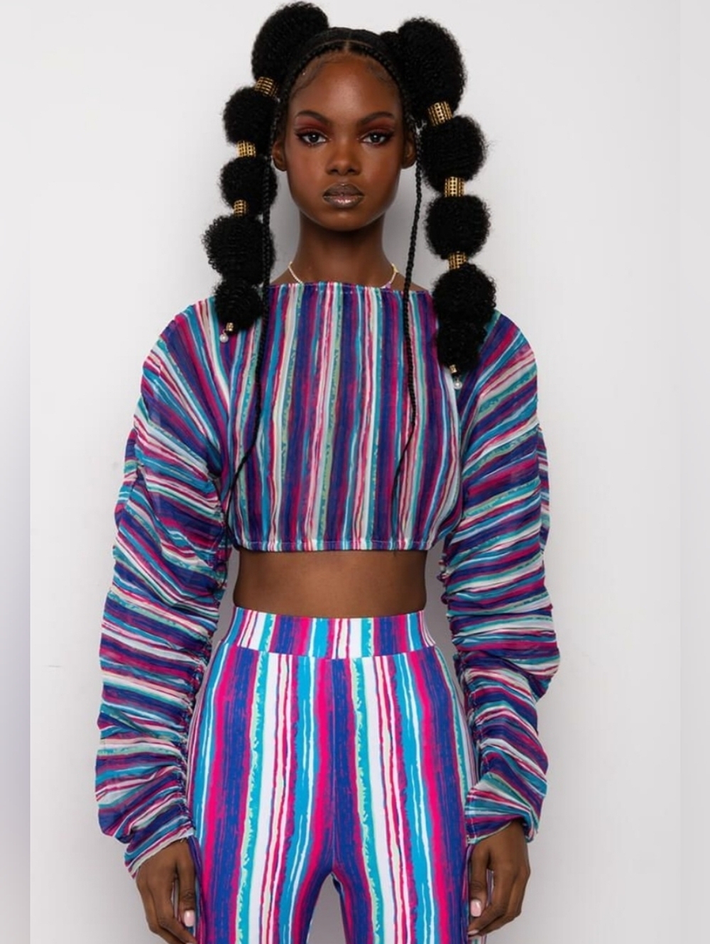 NWT AKIRA Colorful Pleated Long Sleeve Cropped Blouse Top Tie Sleeves Size XL